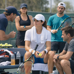 Jugador de tenis en entrenamiento con su equipo al